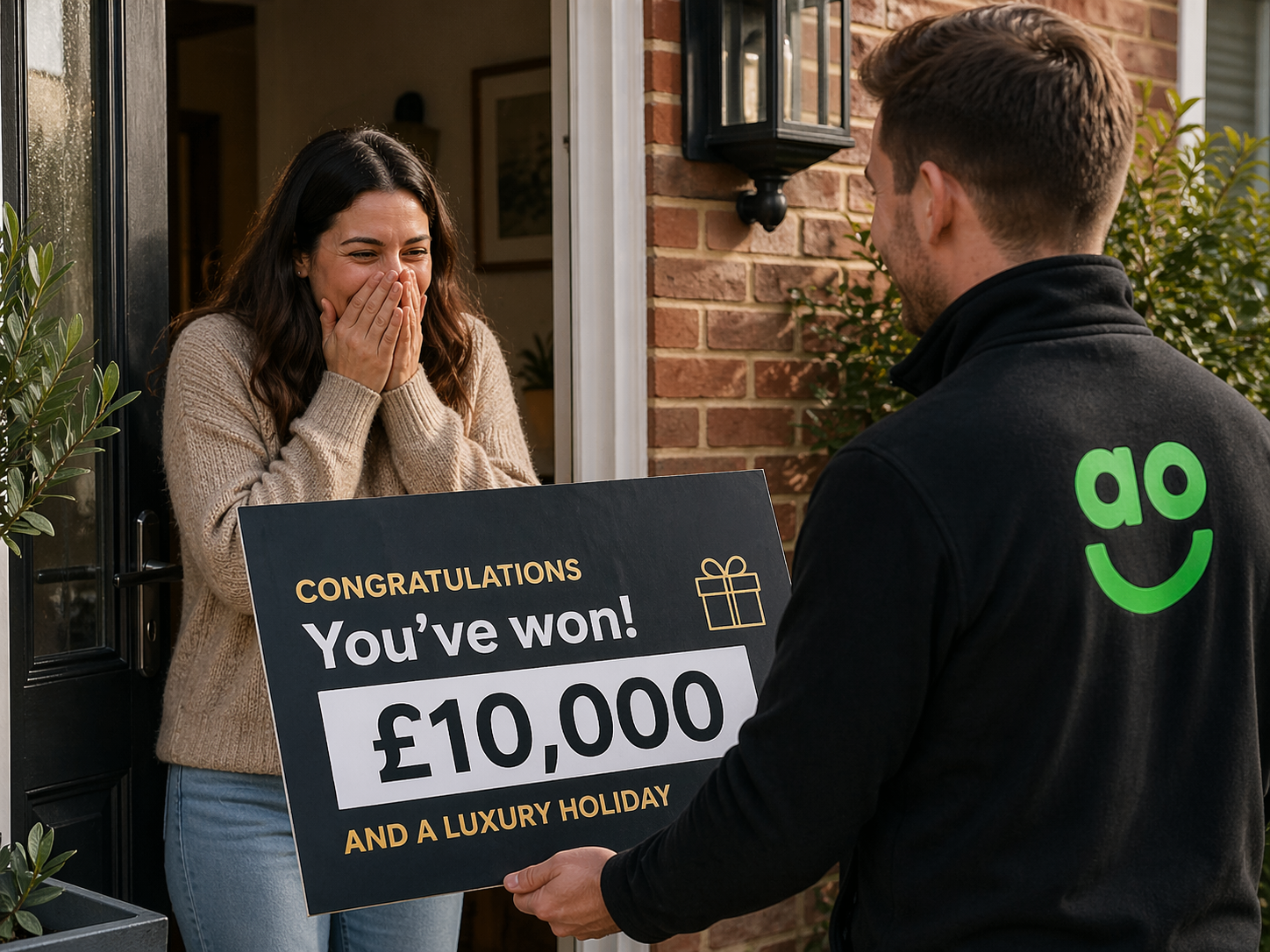 A delighted winner reacts as a prize is delivered to her front door